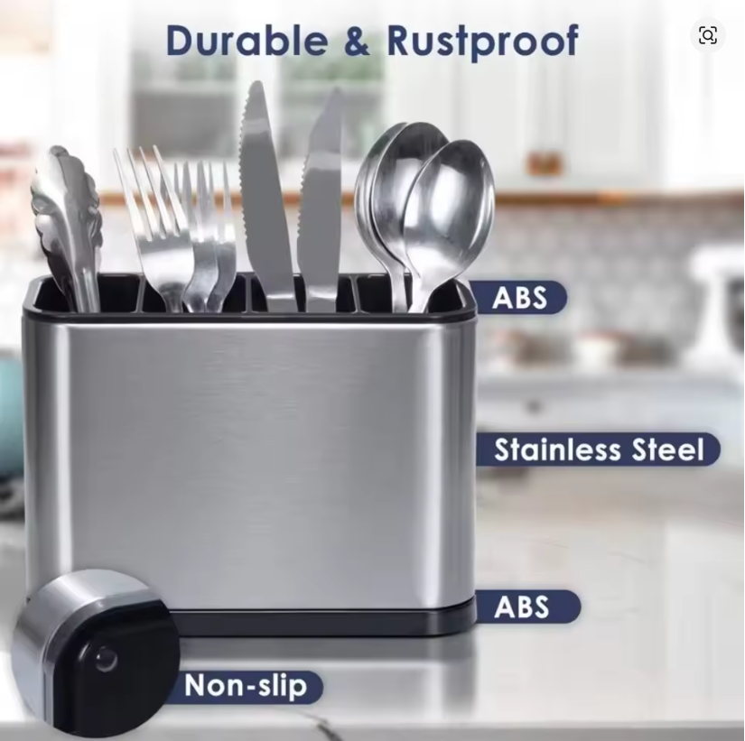 KESOL Kitchen Utensil Holder, Stainless Steel Utensil Drying Rack Flatware Holder Sinkware Caddy Countertop Organizer with 4 Divided Compartments, Rust Proof