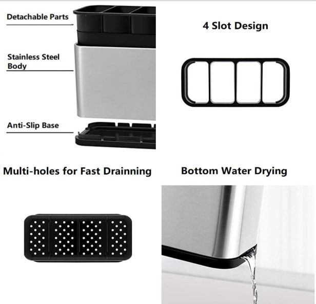 KESOL Kitchen Utensil Holder, Stainless Steel Utensil Drying Rack Flatware Holder Sinkware Caddy Countertop Organizer with 4 Divided Compartments, Rust Proof