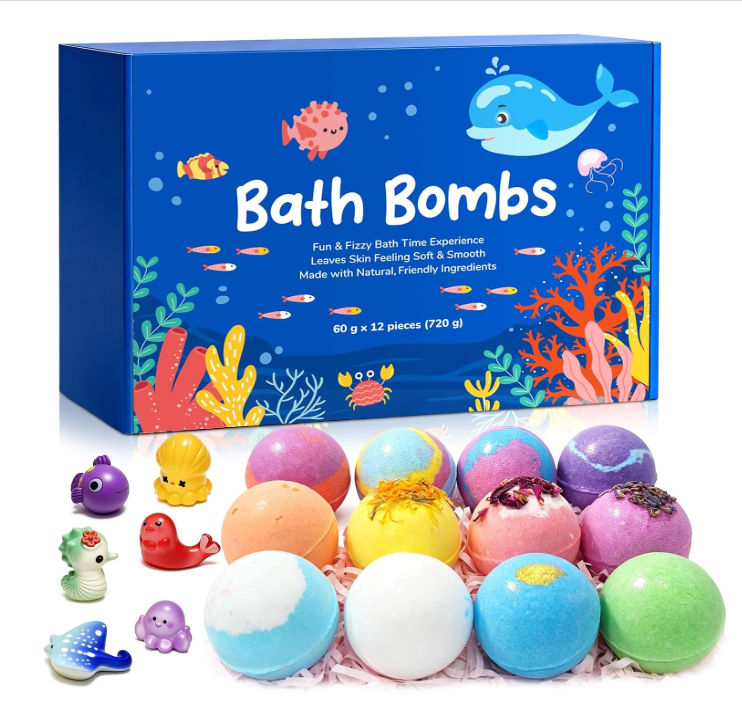 Playfizz Bath Bombs for Women, 1 pc, 6pcs and 12pcs Handmade Bubble Bathbombs with Toys Inside, Shea & Coco Butter Dry Skin Moisturize, Perfect for Bubble Spa Bath, Bath Bomb Gift for Women, Girls, Wife