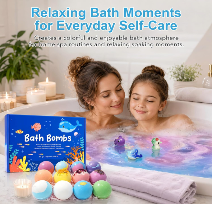 Playfizz Bath Bombs for Women, 1 pc, 6pcs and 12pcs Handmade Bubble Bathbombs with Toys Inside, Shea & Coco Butter Dry Skin Moisturize, Perfect for Bubble Spa Bath, Bath Bomb Gift for Women, Girls, Wife