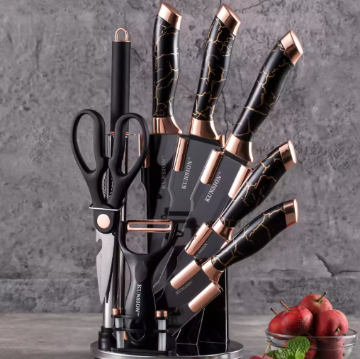 Kitchen Knife 9pcs Acrylic Knife Holder Stainless Steel Slicing Knife Bread Knife Fruit Knife Chef Knife