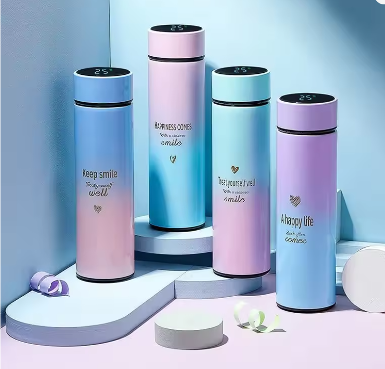 Smart Water Bottle Insulated Water Bottle Coffee Bottle Travel Coffee Mug Flasks for Hot and and Cold Drinks 16.9 oz/500ml (Gradient pink))