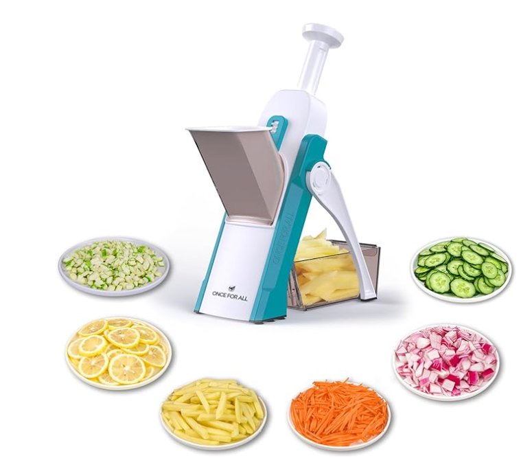 vONCE FOR ALL Safe Mandoline Slicer, Multi Vegetable Chopper, Potato Slicer for Kitchen, 4 Modes 100+ Presets Adjustable Thickness, French Fry Cutter (5 in 1 Green)
