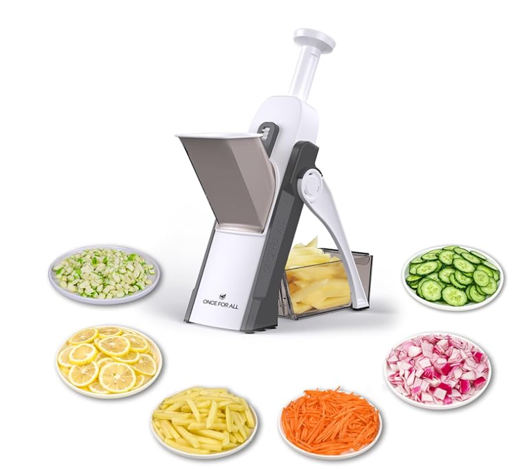 vONCE FOR ALL Safe Mandoline Slicer, Multi Vegetable Chopper, Potato Slicer for Kitchen, 4 Modes 100+ Presets Adjustable Thickness, French Fry Cutter (5 in 1 Green)