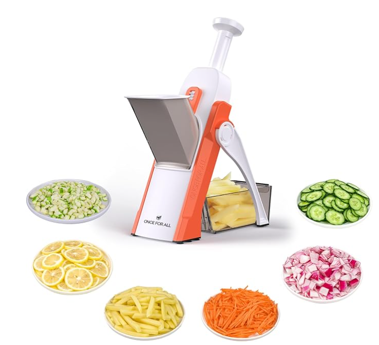 vONCE FOR ALL Safe Mandoline Slicer, Multi Vegetable Chopper, Potato Slicer for Kitchen, 4 Modes 100+ Presets Adjustable Thickness, French Fry Cutter (5 in 1 Green)