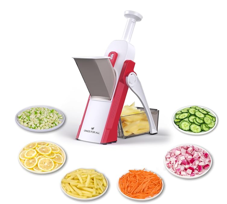 vONCE FOR ALL Safe Mandoline Slicer, Multi Vegetable Chopper, Potato Slicer for Kitchen, 4 Modes 100+ Presets Adjustable Thickness, French Fry Cutter (5 in 1 Green)