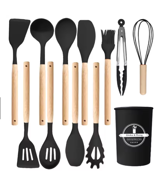 Silicone Cooking Utensils Set, 12Pcs Large Heat Resistant Kitchen Utensils, Turner Tongs, Spatula, Spoon, Wooden Handle Kitchen Gadgets with Holder for Nonstick Cookware, Dishwasher Safe (Black)