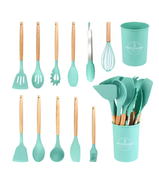 Silicone Cooking Utensils Set, 12Pcs Large Heat Resistant Kitchen Utensils, Turner Tongs, Spatula, Spoon, Wooden Handle Kitchen Gadgets with Holder for Nonstick Cookware, Dishwasher Safe (Black)