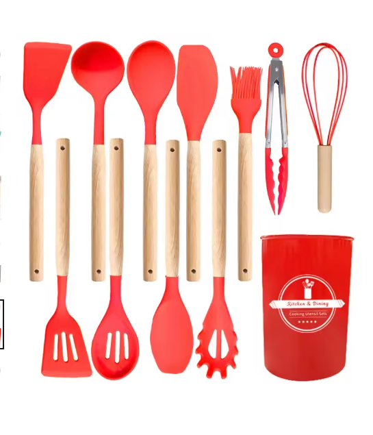 Silicone Cooking Utensils Set, 12Pcs Large Heat Resistant Kitchen Utensils, Turner Tongs, Spatula, Spoon, Wooden Handle Kitchen Gadgets with Holder for Nonstick Cookware, Dishwasher Safe (Black)