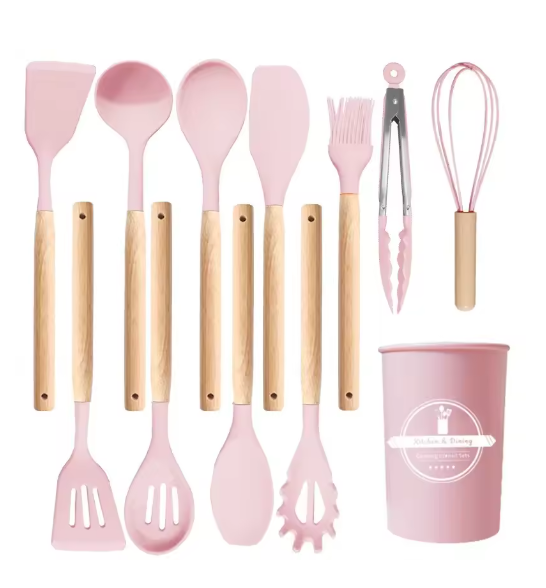 Silicone Cooking Utensils Set, 12Pcs Large Heat Resistant Kitchen Utensils, Turner Tongs, Spatula, Spoon, Wooden Handle Kitchen Gadgets with Holder for Nonstick Cookware, Dishwasher Safe (Black)