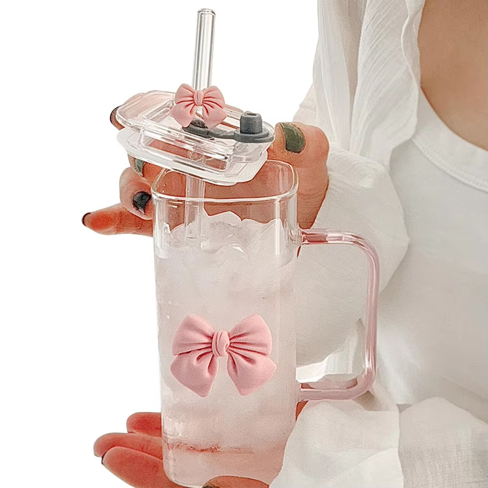 Girls Lovely 400ml Girls Glass Cup with Delicate Bowknot Design, Includes Matching Glass Straw with Bow and Leakproof Plastic Lid Cute Tumbler for Coffee, Juice
