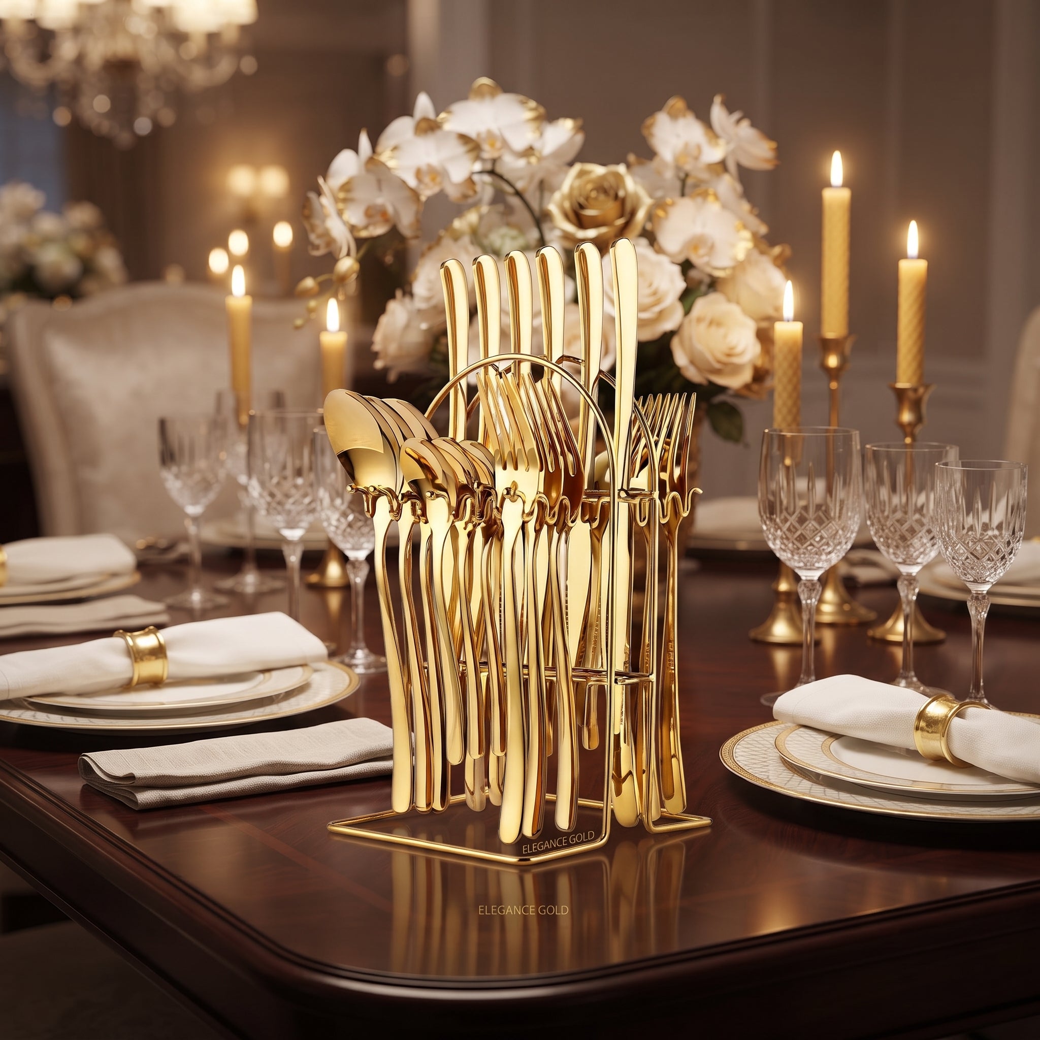 24 Pieces Flatware Set,Hanging Silverware Set Service for 6 (Gold)