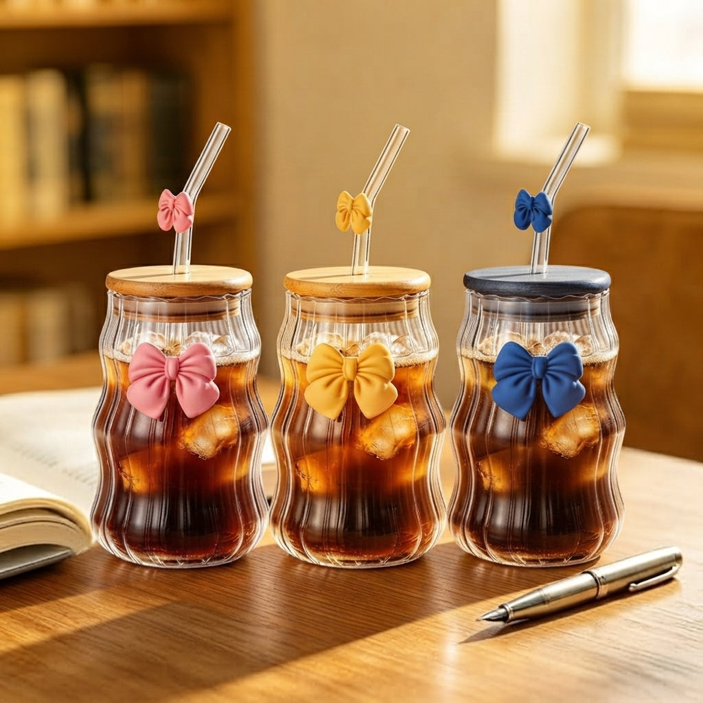 450ml Glass Cups with Lids And Straws Butterfly Design Cute Glass Tumbler | Transparent Coffee Cup Reusable Hot and Cold Water Cups Drinking Cup Home Office Dorm Use