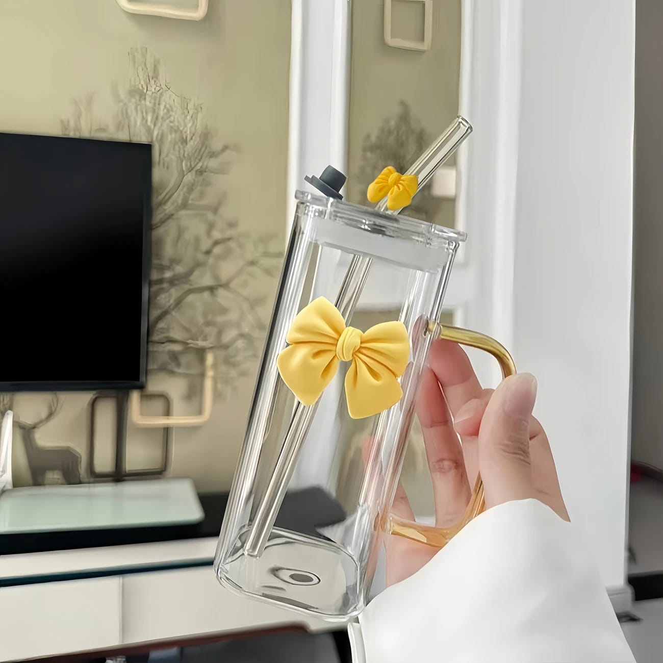 Girls Lovely 400ml Girls Glass Cup with Delicate Bowknot Design, Includes Matching Glass Straw with Bow and Leakproof Plastic Lid Cute Tumbler for Coffee, Juice