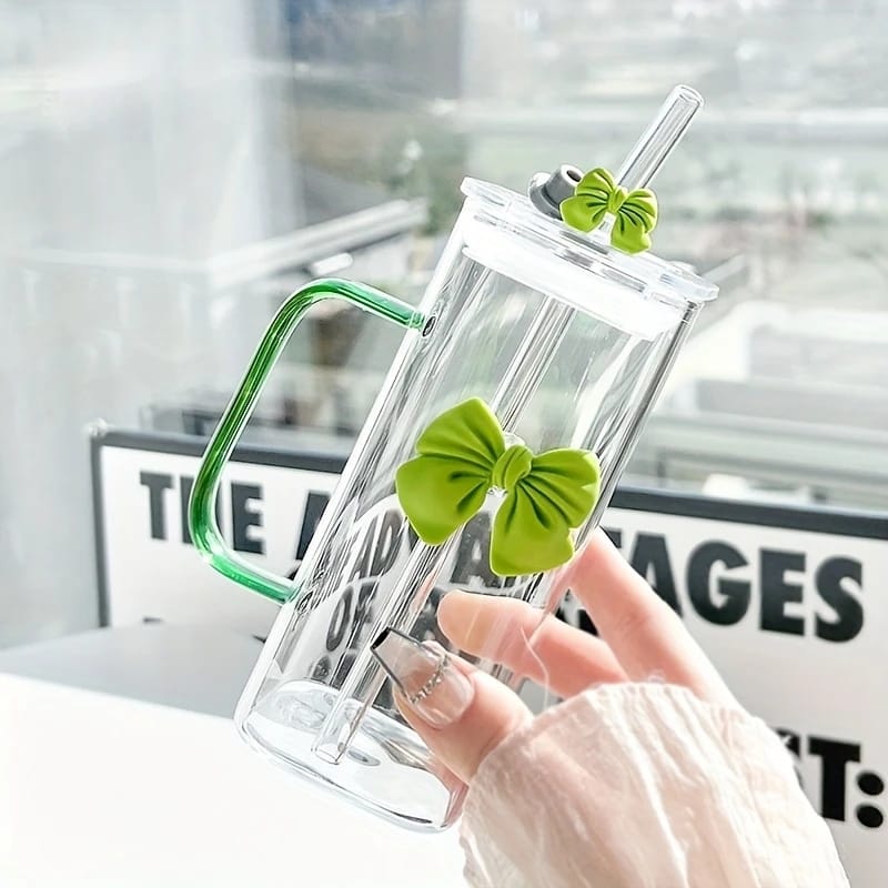 Girls Lovely 400ml Girls Glass Cup with Delicate Bowknot Design, Includes Matching Glass Straw with Bow and Leakproof Plastic Lid Cute Tumbler for Coffee, Juice