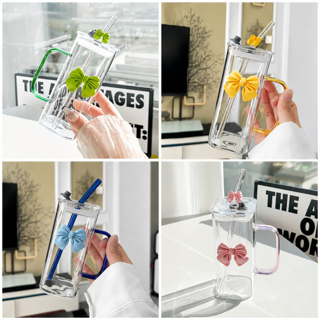 Girls Lovely 400ml Girls Glass Cup with Delicate Bowknot Design, Includes Matching Glass Straw with Bow and Leakproof Plastic Lid Cute Tumbler for Coffee, Juice