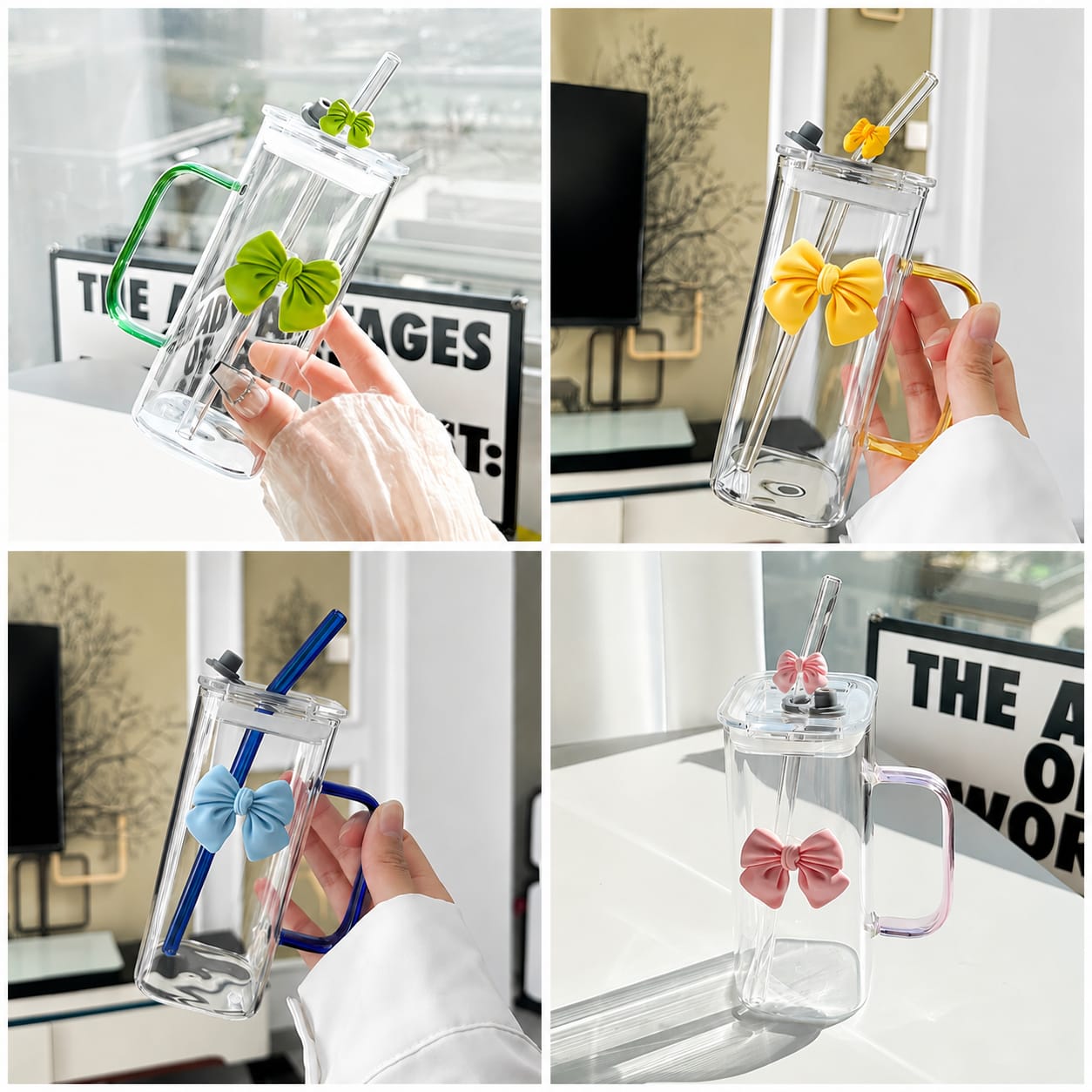 Girls Lovely 400ml Girls Glass Cup with Delicate Bowknot Design, Includes Matching Glass Straw with Bow and Leakproof Plastic Lid Cute Tumbler for Coffee, Juice
