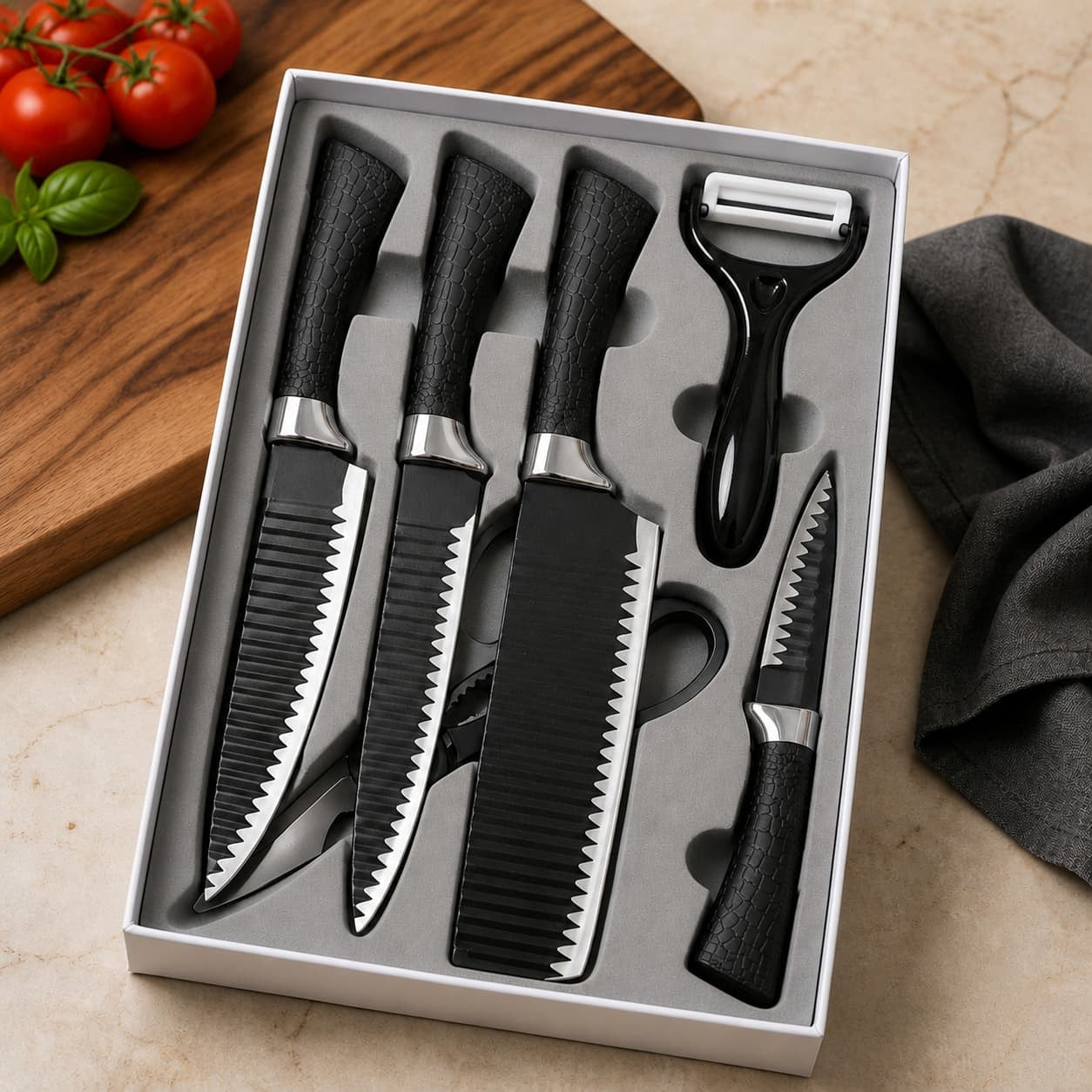 5 Pieces Kitchen knife Set, Knife Set Without Block with Sheathes, Stainless Steel Sharp Blade and Comfortable Handle, Chef Knife Set with Kitchen  and Peeler for Cooking