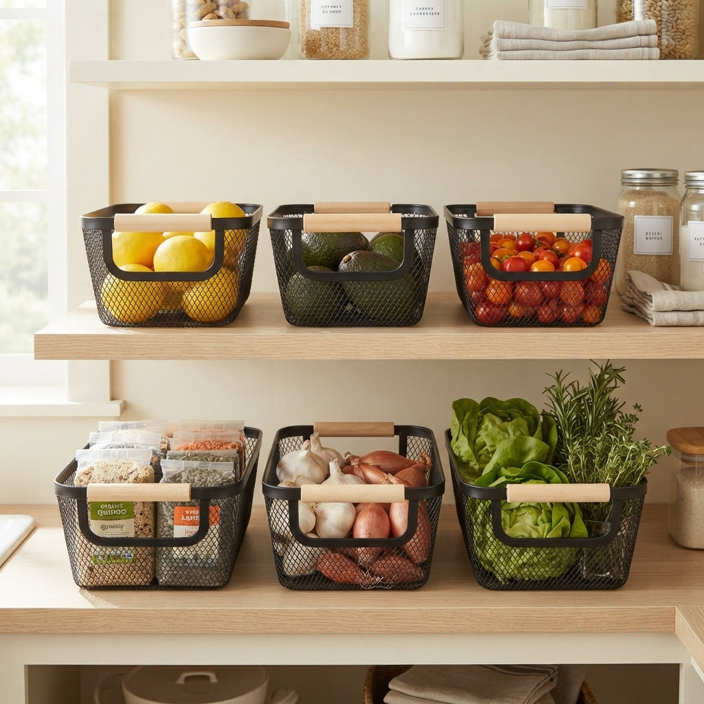 6Pack Black Wire Basket with Wooden Handle, Storage Bins for Pantry, Metal Mesh Basket for Kitchen Organization, Snack Organizer for Home Cabinet Closet Bathroom Fridge Fruit Makeup and Office