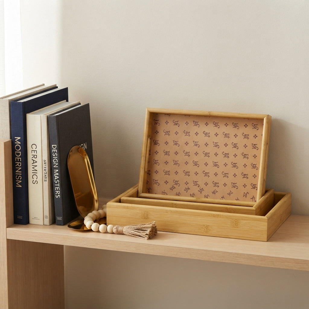 3Pcs Leather Wooden Serving Tray Set – Dual Color Decorative & Multipurpose Storage Trays for Home Kitchen & Living Room