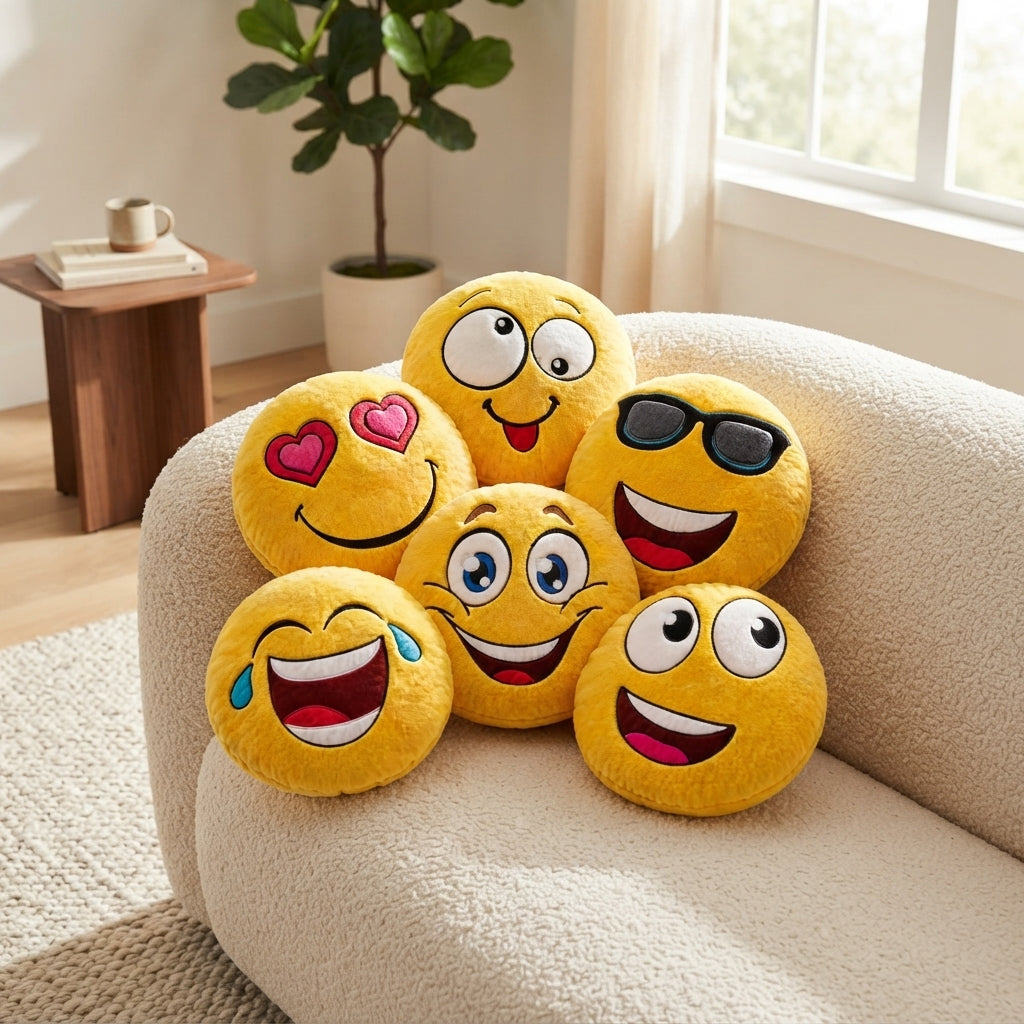 ArtCreativity 11 Inch Assorted Emoticon Pillows, Pack of 6, Soft Plush Yellow Smile Face Cushions, Fun Decorative Pillows for Bedroom, Living Room, Office, Emoticon Party Favors for Kids