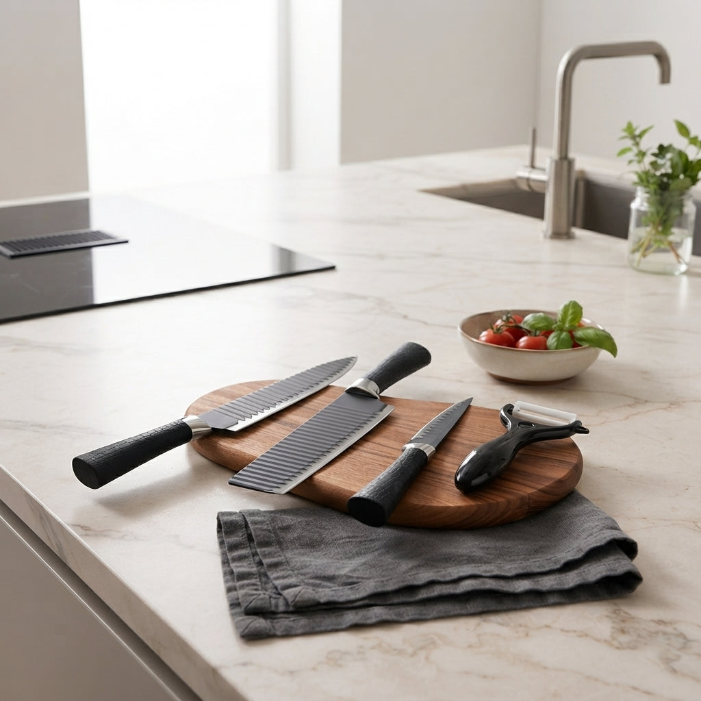 5 Pieces Kitchen knife Set, Knife Set Without Block with Sheathes, Stainless Steel Sharp Blade and Comfortable Handle, Chef Knife Set with Kitchen  and Peeler for Cooking